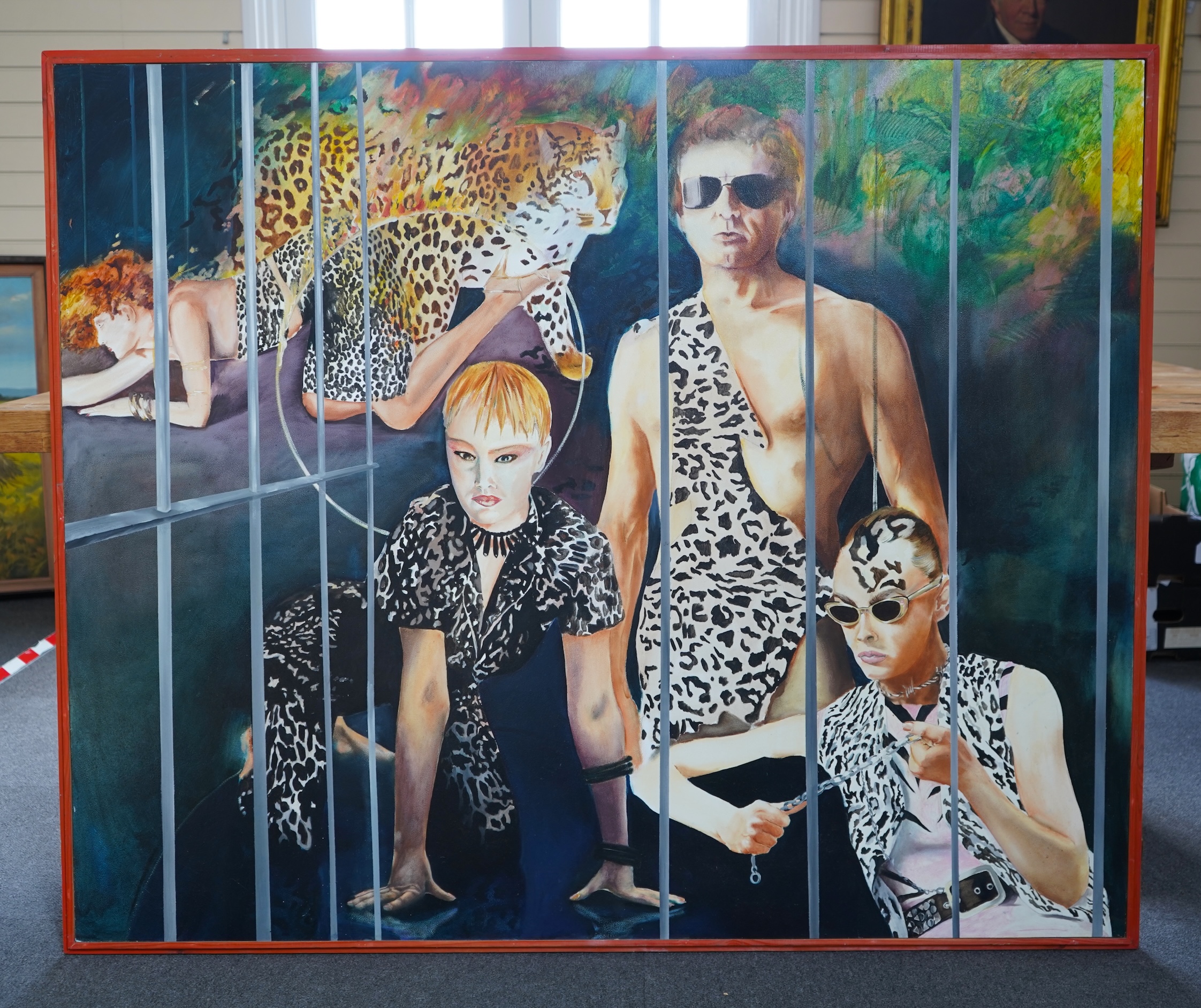 1970's/1980's pop-art style, study of figures and a leopard behind bars, oil on board, 123 x 148cm